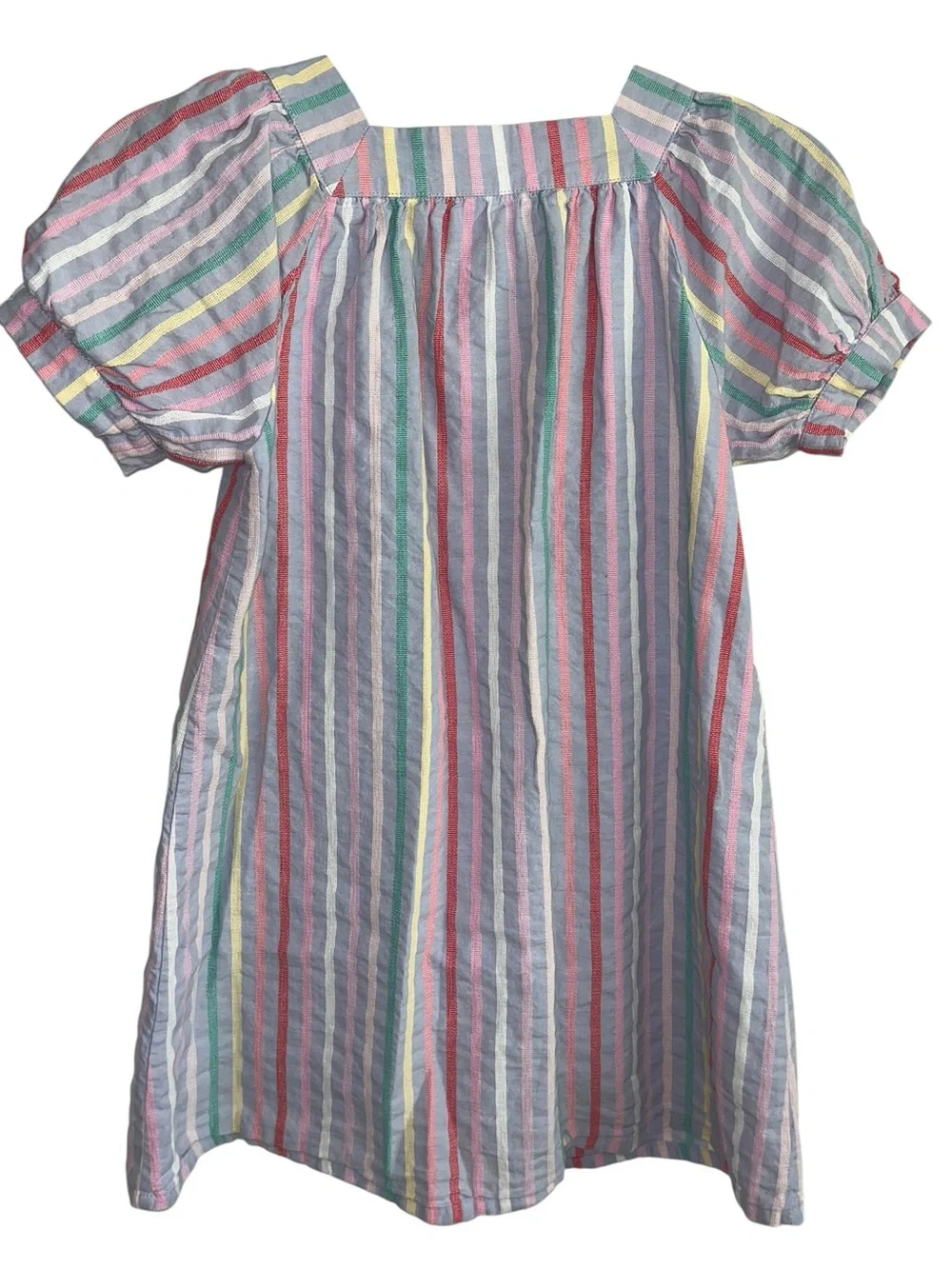 Pleat Girls Rainbow Stripe Puff Sleeve Button Front Dress Size 8